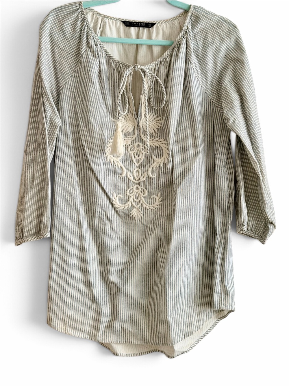 Zara Striped Embroidered Peasant Top